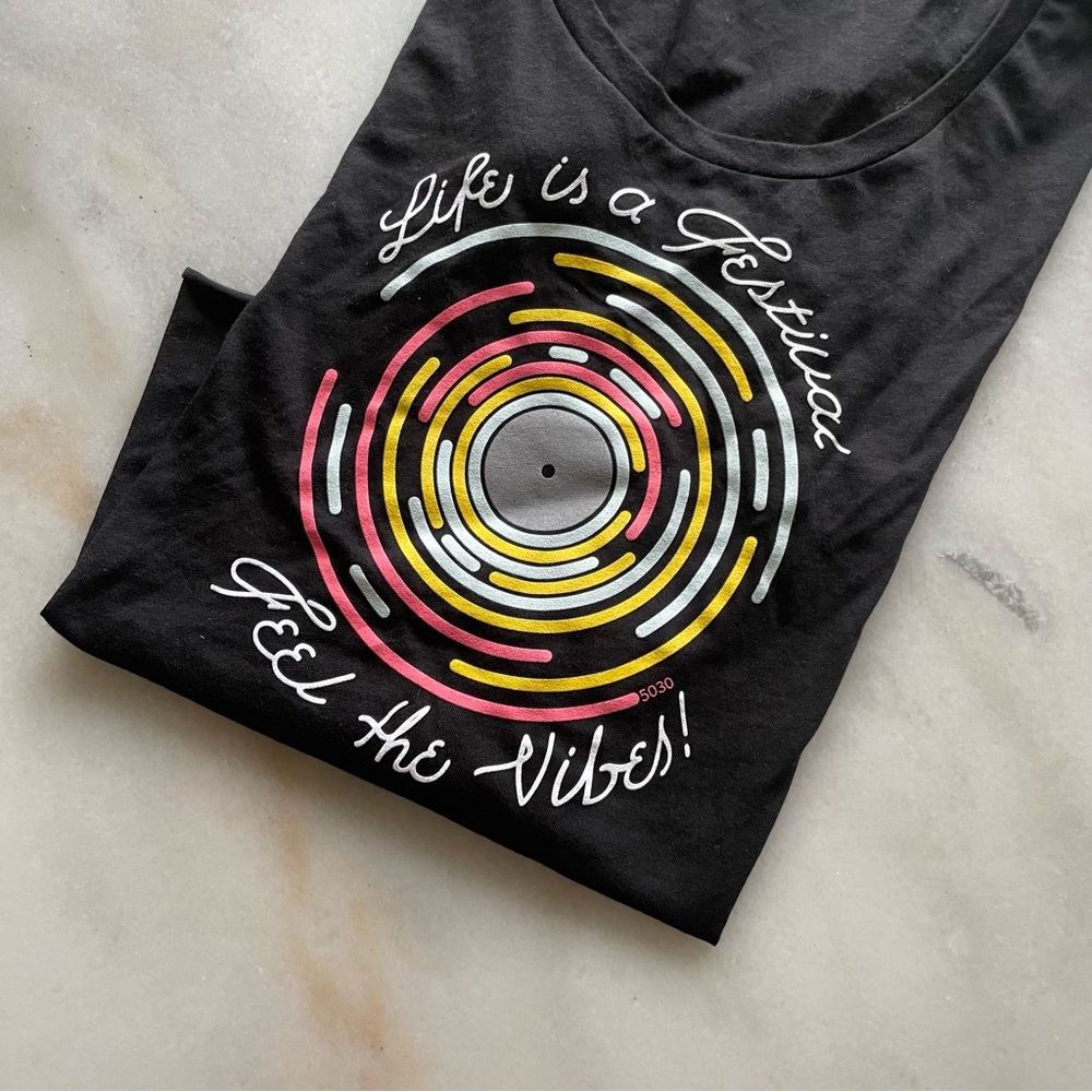 Black Graphic Tee with Colorful Design size M